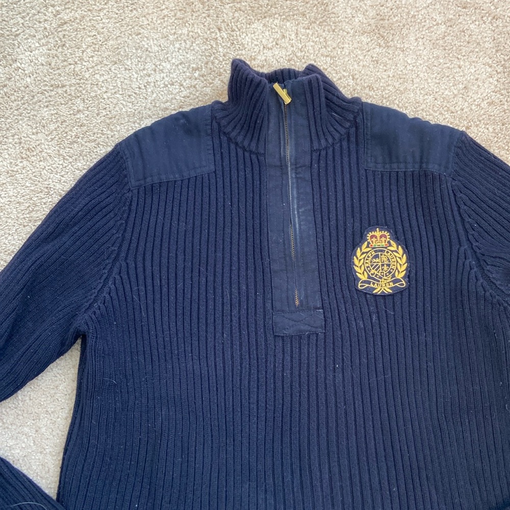 Lauren Ralph Lauren navy blue ribbed cotton quarter zip sweater.